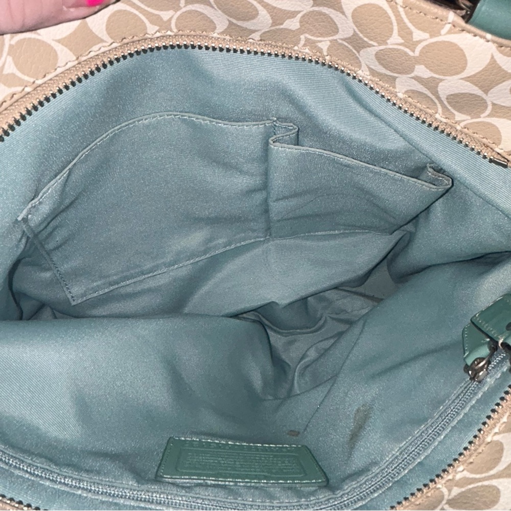 Coach Chelsea Tote Bag Heritage Stripe Signature Teal & Khaki Coated Canvas - Picture 5 of 9